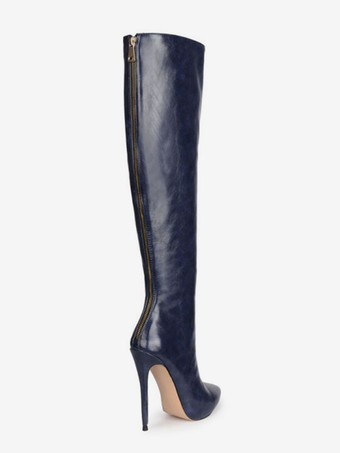 レディース ニーハイブーツ ネイビーブルー ポインテッドトゥ PUレザー スティレットヒールブーツ