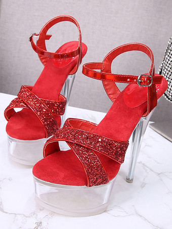 女性ヒールサンダルクリアヒールアンクルストラップセクシースパンコールクロスレッドヒールサンダル