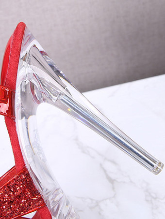 女性ヒールサンダルクリアヒールアンクルストラップセクシースパンコールクロスレッドヒールサンダル