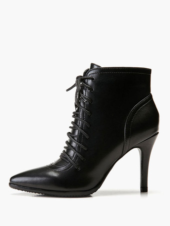 ブラックアンクルブーツ女性ポインテッドトゥレースアップハイヒールブーティー