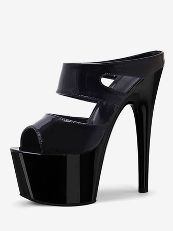 ブラック ハイヒールセクシーサンダルディープグレーPUレザーオープントゥコーンヒールスカイハイヒールミュール ポールダンスシューズ