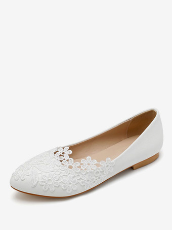 Chaussures de mariage en cuir PU blanc fleurs bout pointu chaussures de mariée plates