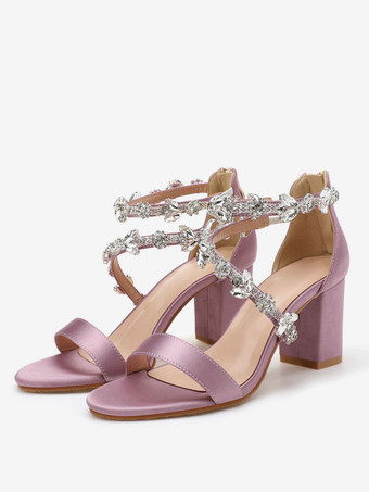 ライラックカラーヒールサンダルホワイトチャンキーヒールオープントゥラインストーンチェーンサテンアンクルストラップヒール