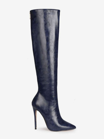 レディース ニーハイブーツ ネイビーブルー ポインテッドトゥ PUレザー スティレットヒールブーツ