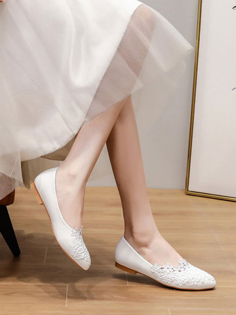 ウェディングシューズホワイトPUレザーフラワーポインテッドトゥフラットブライダルシューズ