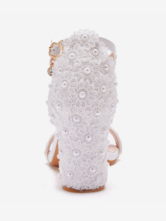 ホワイトウェディングシューズPUレザーオープントゥパールチャンキーヒールアンクルストラップヒール