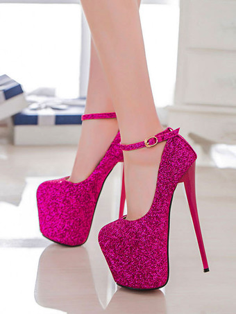ローズレッド女性のセクシーなハイヒールピンクの正方形のつま先スパンコールアンクルストラップスティレットヒールのセクシーな靴