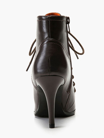 ブラックアンクルブーツ女性ポインテッドトゥレースアップハイヒールブーティー