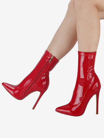 ハイヒール ポインテッドトゥ セクシー 明るいPUのブーティー ホワイト パテント 女性