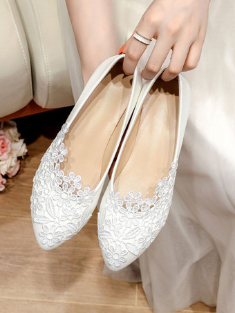 ウェディングシューズホワイトPUレザーフラワーポインテッドトゥフラットブライダルシューズ
