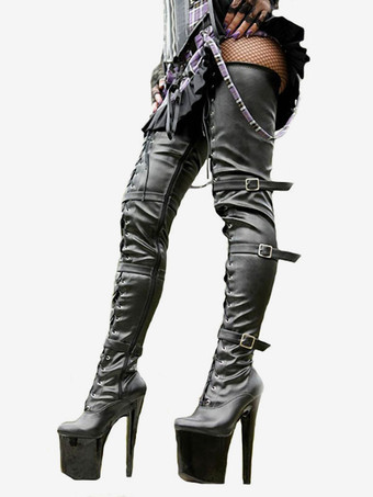 女性のセクシーなブーツラウンドトゥレースアップジッパースティレットヒールレイブクラブ黒サイハイブーツ膝上ブーツ ポールダンスシューズ