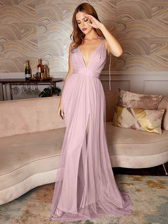 ソフトピンクブラック ロイヤル ウェディングドレス チュール Aライン ノースリーブ フロントスリット フロア丈 ブライダルガウン 無料カスタマイズ