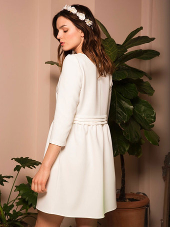 ショートウェディングドレス ジュエルネック 3/4丈スリーブ Aライン ウエスト上げ クレープショートブライダルドレス 無料カスタマイズ