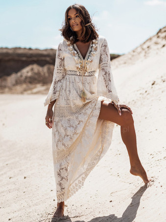 abricot Robe Longue Femme avec Manches Longues Volantes Coupe Cintrée Bas Evasée Unicolore