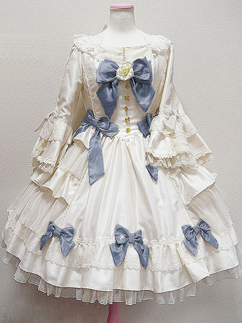 アイボリーゴスロリワンピースOP ロング姫スリーブ レースフリル リボン ボタンロリータワンピースワンピース レットフラワーアイドル衣装 ブラック