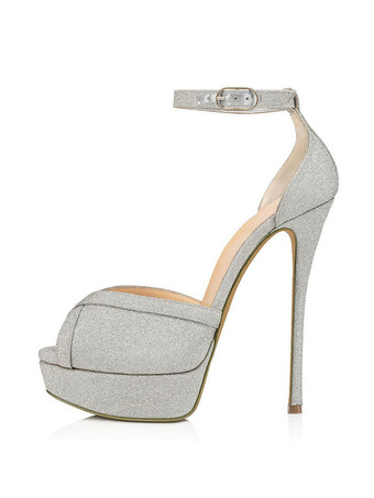 シルバー ハイヒールサンダルブラックポリエステルのぞき見つま先ウエディングシューズ女性のパーティーシューズ