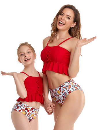 Two Piece Swimsuits For Women Red Floral Print Lace Up Straps Neck Backless Summer Beach Swimwear