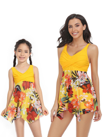 女性ツーピース水着ディープブルー花柄プリーツ V ネックバックレスサマービーチ水着