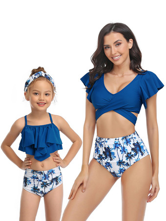 Zweiteilige Badeanzüge für Damen  blauer Blumendruck  Rüschen  V-Ausschnitt  rückenfrei  Sommer-Strandbadebekleidung