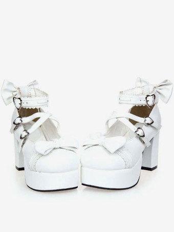 チャンキーヒール　ロリィタ靴　スクエアヒール　アンクルストラップ　ハートバックル　リボン　ホワイト