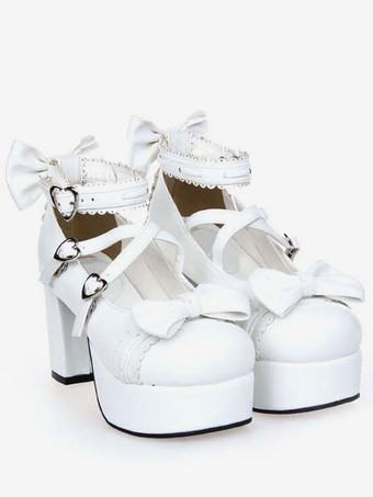 チャンキーヒール　ロリィタ靴　スクエアヒール　アンクルストラップ　ハートバックル　リボン　ホワイト