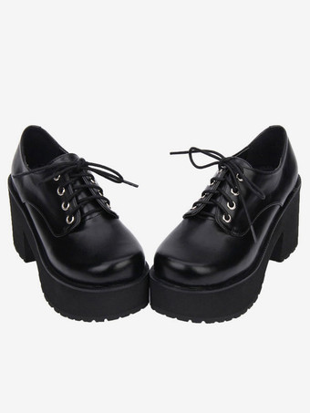 ロリィタ靴　ブラック　無地　ストリートウェア　丸いつま先　PU　
