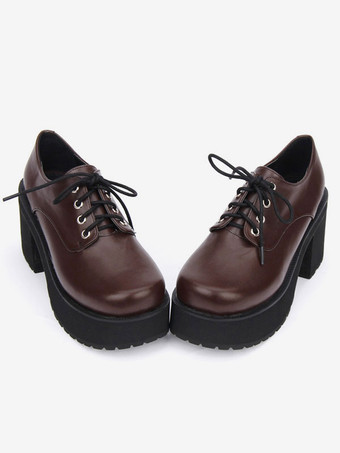 ロリィタ靴　ブラック　無地　ストリートウェア　丸いつま先　PU　