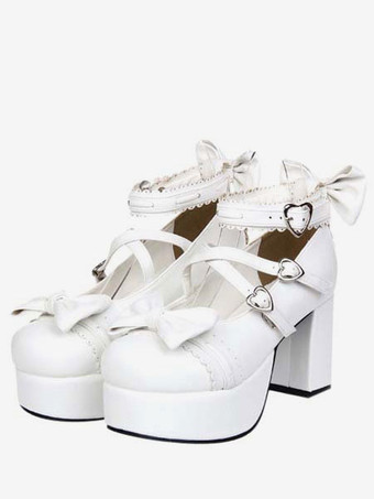Lolitashow Bianco grosso tacchi quadrati Lolita scarpe piattaforma caviglia cinturino cuore forma fibbie archi