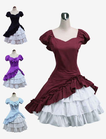 Lolitashow Wine White Lolita OP Dress Short Sleeves withe Ruffles