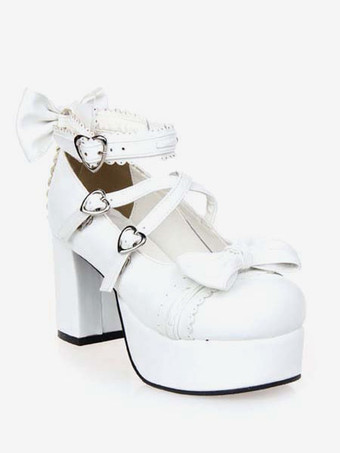 チャンキーヒール　ロリィタ靴　スクエアヒール　アンクルストラップ　ハートバックル　リボン　ホワイト