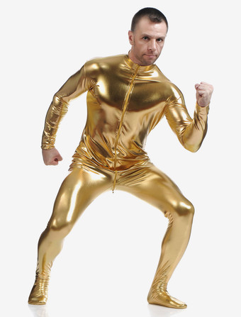 全身タイツ　メタリック　ハロウィン　イエロー　コスチューム　コスプレ　シャイニーメタリック　男性用