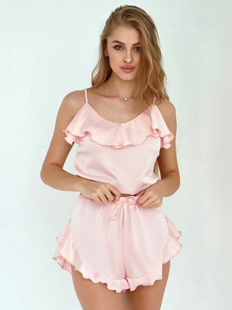 Pajamas & Sleepwear Pink Ruffles 2-Piece V-Neck Sleeveless Silk-like Lingerie