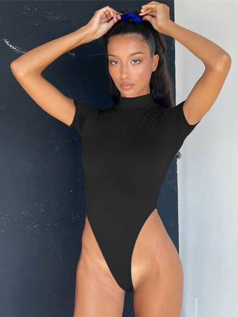 Black Short Sleeves Bodysuit Black High Collar Backless Backless Casual Lycra Spandex Women Top