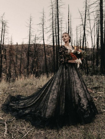 ブラックゴシック ブラック ウェディングドレス レース プリンセス シルエット 長袖 レース コートトレーン ブライダルガウン 自由なカスタマイズ