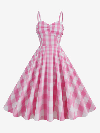 Barbie Pink Gingham Dress 1950s Pleated Straps Plaid Vintage Dress