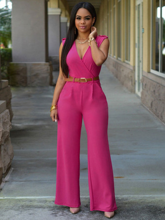 ローズレッドホワイト Vネック ノースリーブ サッシュ オフショルダー ライクラ スパンデックス ジャンプスーツ レディース