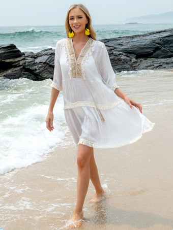 女性のためのカバーアップホワイトフリンジ V ネック 3/4 袖オーバーサイズコットン夏セクシーな水着