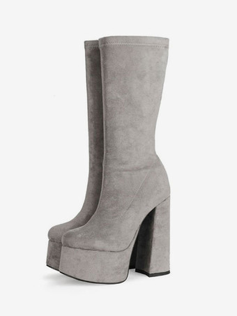 GrisBotas de becerro del talón grueso de las mujeres en botas