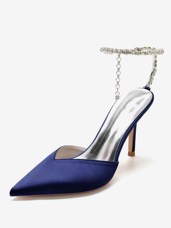 ディープブルー女性の結婚式の靴ラインストーンサテン先のとがったつま先スティレットヒールブライダルシューズ