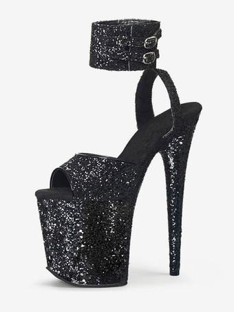 ブラック ハイヒール ピープトゥ スティレット ポールダンスシューズ セクシーなサンダル PUレザー