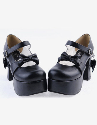 ロリィタシューズ チャンキーヒール ラウンドトゥ PU ブラック