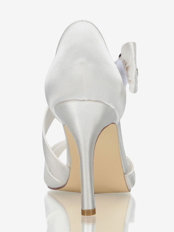 サテンウェディングシューズ　2025　アイボリー　オープントウ　ラインストーン　ハイヒールブライダルシューズ