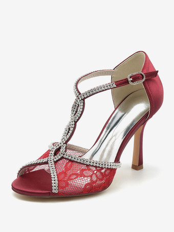 ワインレッド 女性のブライダルシューズラインストーンレースのぞき見つま先スティレットヒールブライダルシューズ
