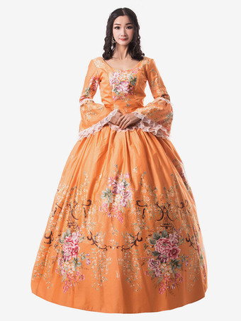中世 ドレス 女性用 プリンセス 貴族ドレス オレンジ 長袖 ヴィクトリア風 マルディグラ レトロ ヨーロッパ 宮廷風 中世 ドレス・貴族ドレス
