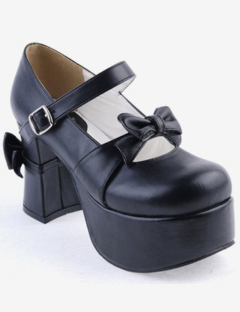 ロリィタシューズ チャンキーヒール ラウンドトゥ PU ブラック