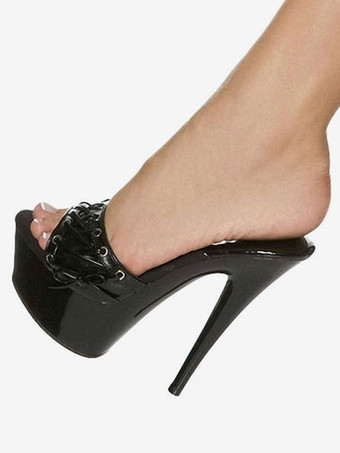 ブラック セクシー サンダル プラットフォーム ピープトゥ レースアップ スティレットヒール サンダル スリッパ レディース ハイヒール サンダル