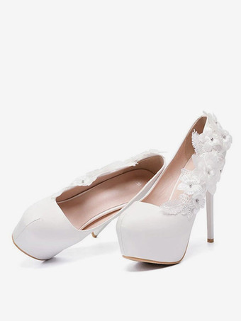 ウェディングシューズプラットフォームアーモンドフラワービーズハイヒールブライダルシューズ ホワイト