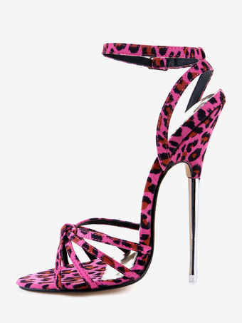 セクシーサンダル ヒョウ柄 スティレットヒール ローズレッド アンクルストラップ 
