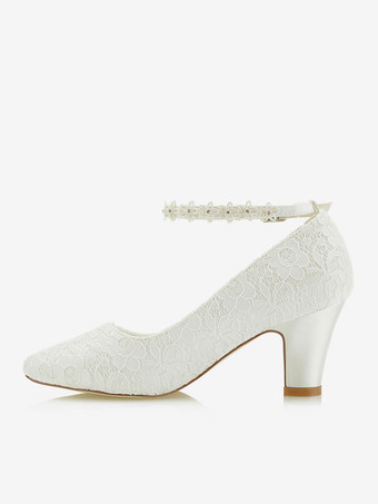 レースの結婚式の靴アイボリーの指先の花のビーズの足首のストラップブライダルシューズ