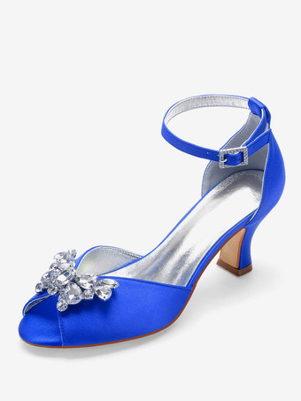 アイボリーのウェディングシューズサテンのぞき見つま先のラインストーンの分厚いかかとのブライダルシューズ